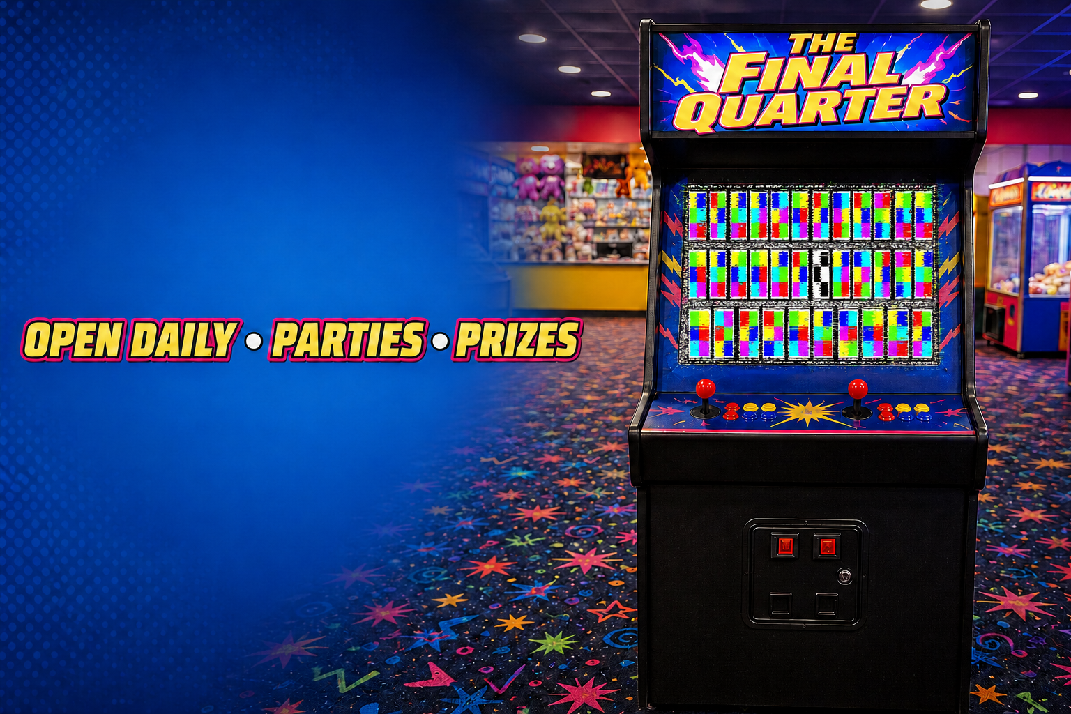 The Final Quarter game floor and an upright arcade cabinet